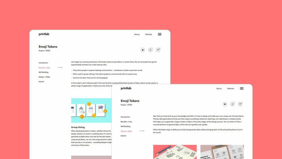 2 website screens showing the learning platform for PrintLab's emoji tokens project.
