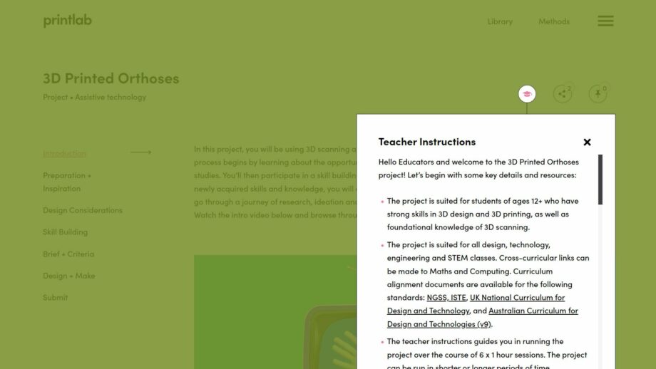 A website screen showing the teacher instructions pop down menu from PrintLab's 3d printed orthoses project.