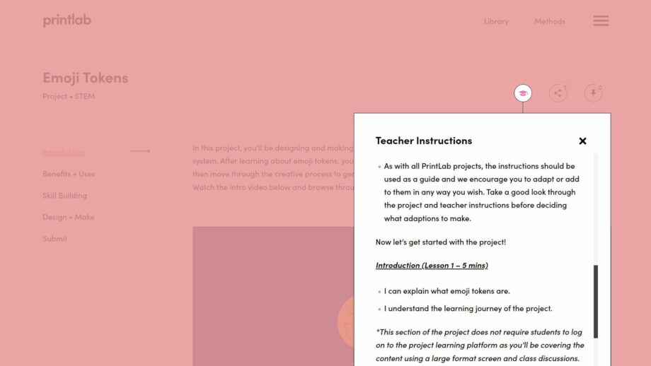 A website screen showing the teacher instructions pop down menu from PrintLab's emoji tokens project.