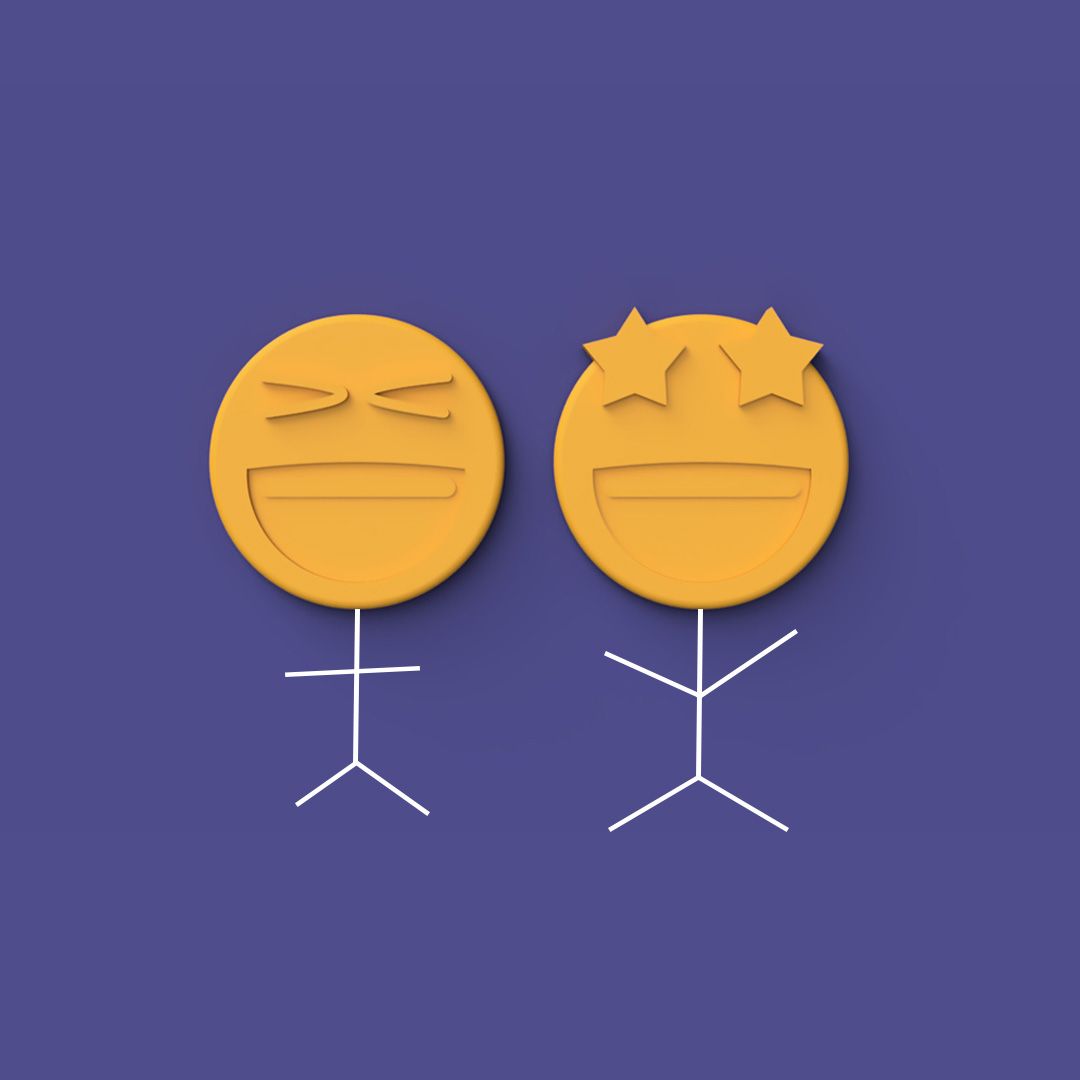 2 'stickmen' with large emoji heads. One with a laughing face and the other with stars for eyes.