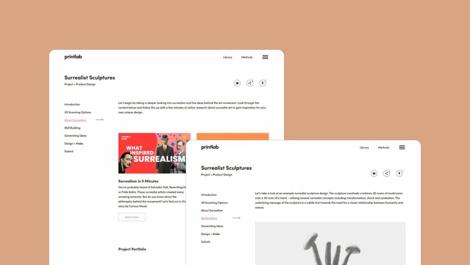 2 website screens showing the learning platform for PrintLab's surrealist sculpture project.