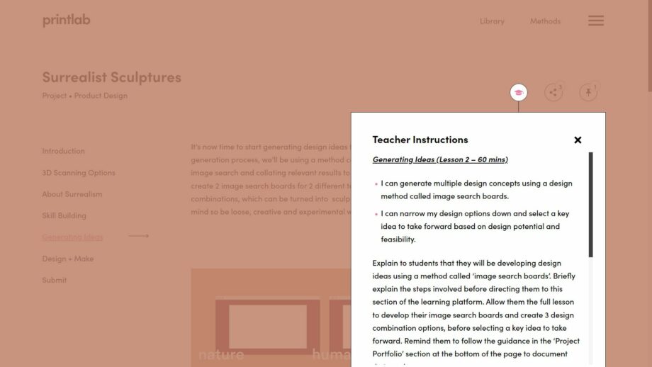 A website screen showing the teacher instructions pop down menu from PrintLab's surrealist sculpture project.