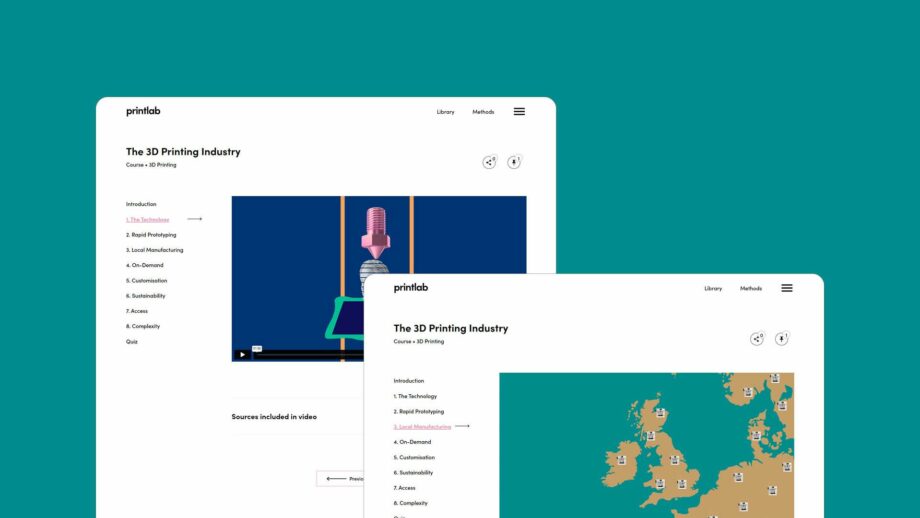 2 website screens showing the learning platform for PrintLab's 3D printing industry mini course.