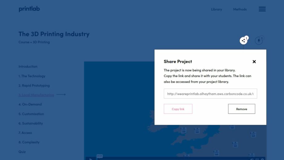 A website screen showing the 'share resource' pop down menu from PrintLab's 3D printing industry mini course.