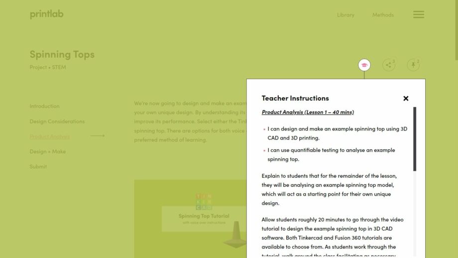 A website screen showing the teacher instructions pop down menu from PrintLab's spinning top project.