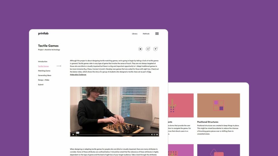 2 website screens showing the learning platform for PrintLab's tactile matching games project.