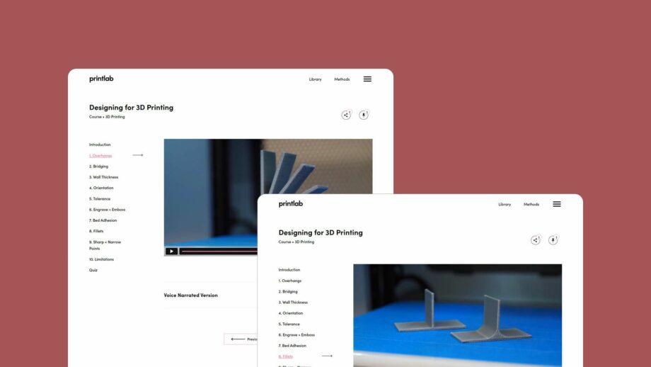 2 website screens showing the learning platform for PrintLab's 'designing for 3d printing' mini course.