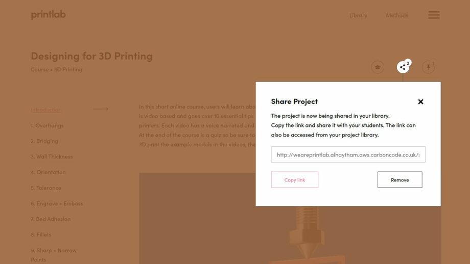 A website screen showing the share resource pop down menu from PrintLab's 'designing for 3d printing' mini course.