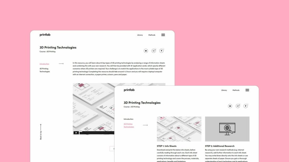 2 website screens showing the learning platform for PrintLab's 3D printing technologies resource.