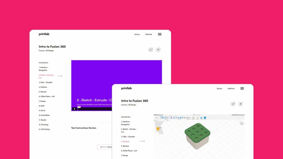 2 website screens showing the learning platform for PrintLab's Intro to Fusion 360 course.