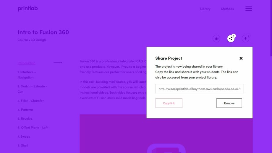 A website screen showing the share resource pop down menu from PrintLab's Intro to Fusion 360 course.
