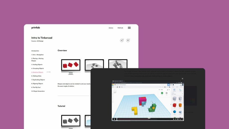 2 website screens showing the learning platform for PrintLab's Intro to Tinkercad mini course.