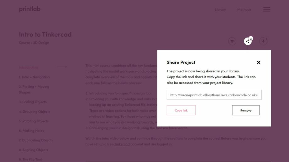 A website screen showing the share resource pop down menu from PrintLab's Intro to Tinkercad mini course.