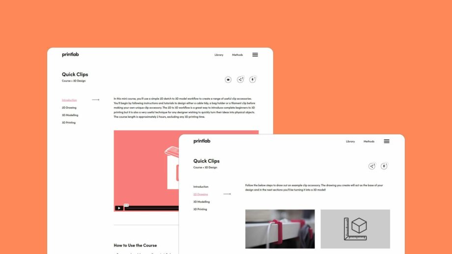 2 website screens showing the learning platform for PrintLab's quick clips project.