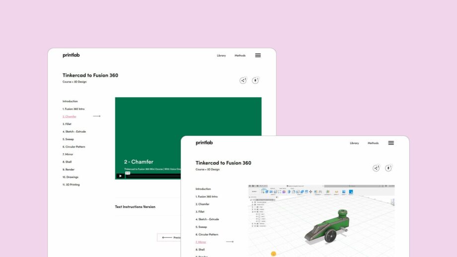 2 website screens showing the learning platform for PrintLab's Tinkercad to Fusion 360 mini course.