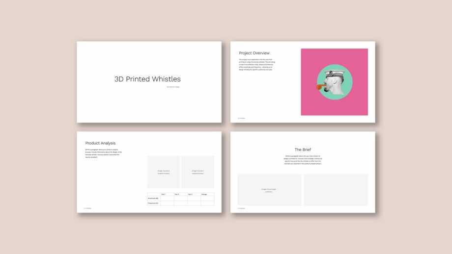 4 example portfolio template slides from PrintLab's whistle project.
