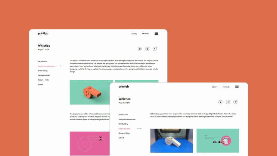 2 website screens showing the learning platform for PrintLab's whistle project.