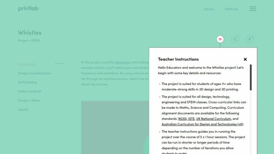 A website screen showing the teacher instructions pop down menu from PrintLab's whistle project.