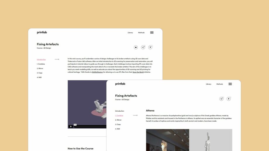 2 website screens showing the learning platform for PrintLab's Fixing Artefacts project.
