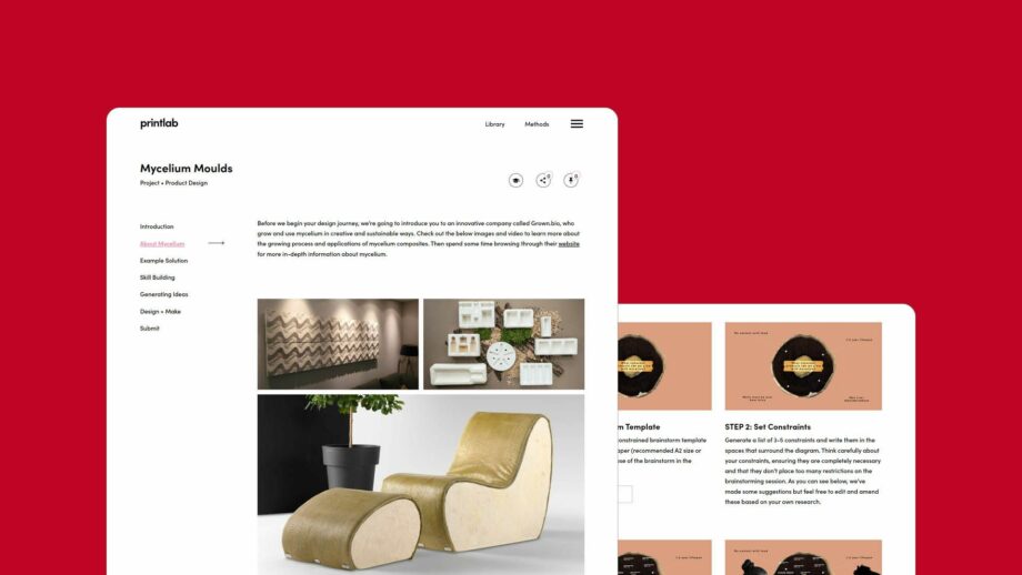 2 website screens showing the learning platform for PrintLab's mycelium moulds project.