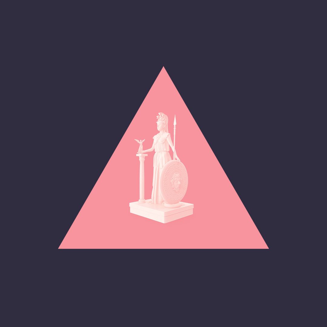 Digital 3D model of Athena, inside a pink triangle.