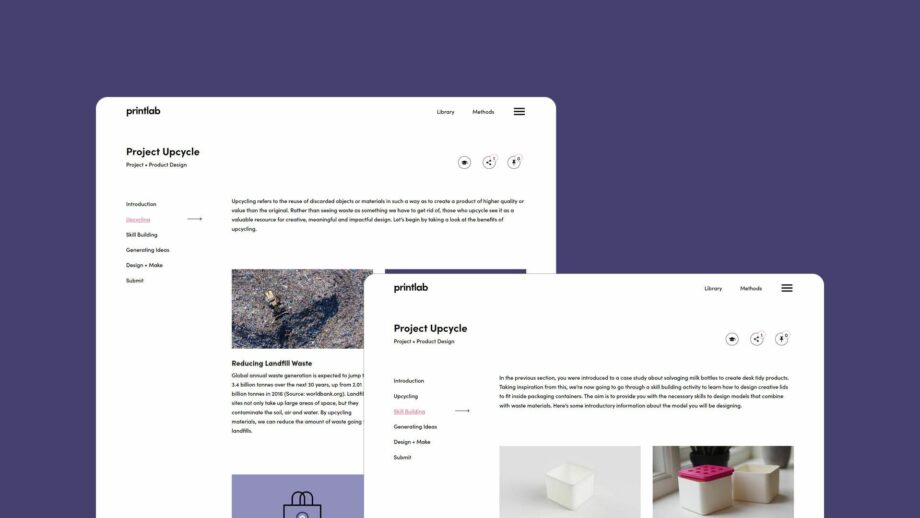 2 website screens showing the learning platform for PrintLab's upcycling project.