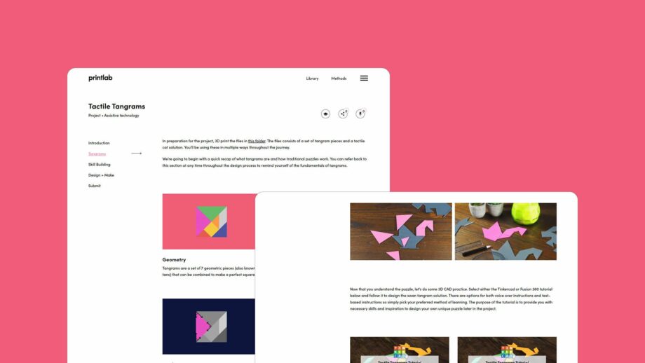 2 website screens showing the learning platform for PrintLab's tactile tangrams project.