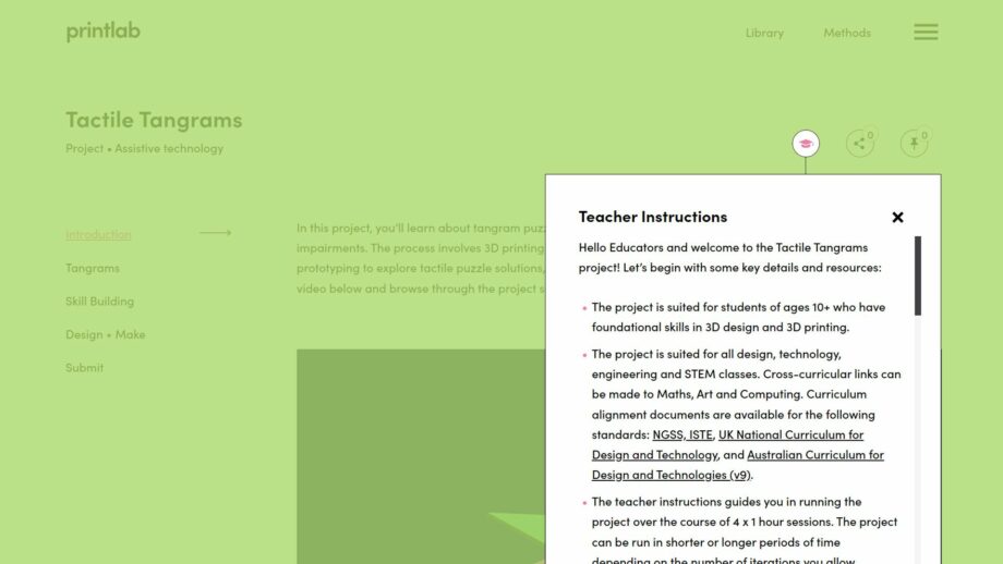 A website screen showing the teacher instructions pop down menu from PrintLab's tactile tangrams project.