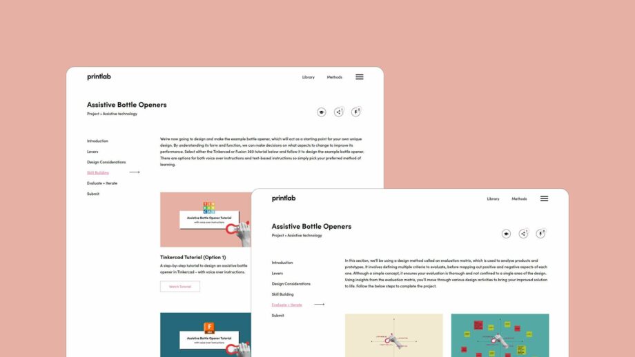2 website screens showing the learning platform for PrintLab's bottle opener project.