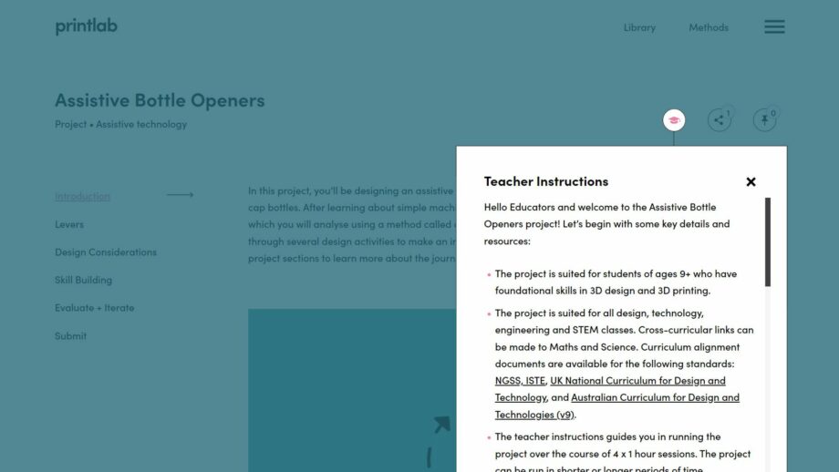 A website screen showing the teacher instructions pop down menu from PrintLab's bottle opener project.
