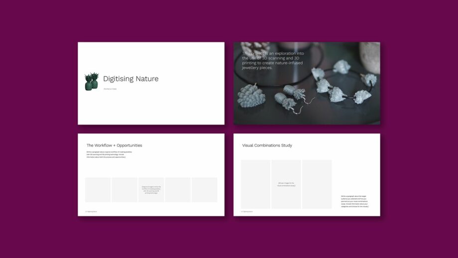 4 example portfolio template slides from PrintLab's digitising nature project.