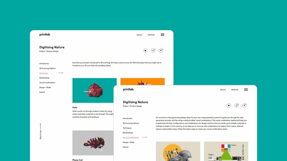 2 website screens showing the learning platform for PrintLab's digitising nature project.