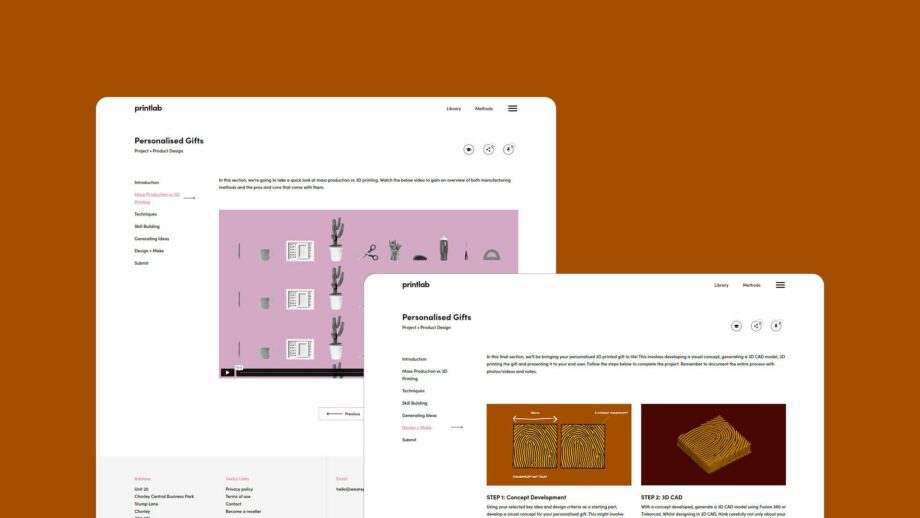 2 website screens showing the learning platform for PrintLab's personalised gifts project.