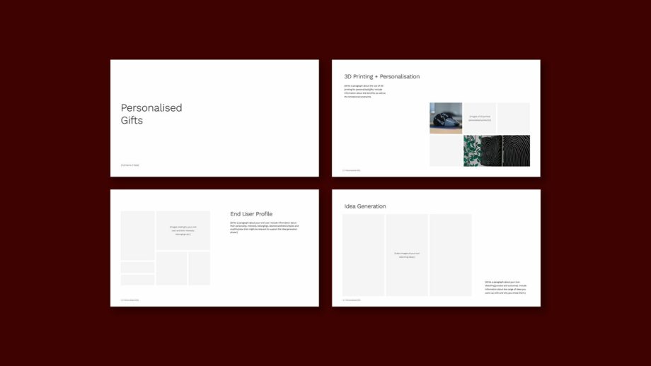 4 example portfolio template slides from PrintLab's personalised gifts project.