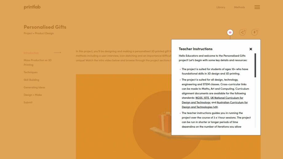 A website screen showing the teacher instructions pop down menu from PrintLab's personalised gifts project.