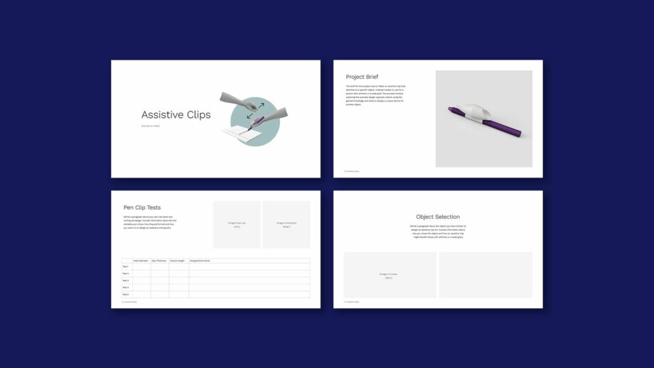4 example portfolio template slides from PrintLab's assistive clips project.