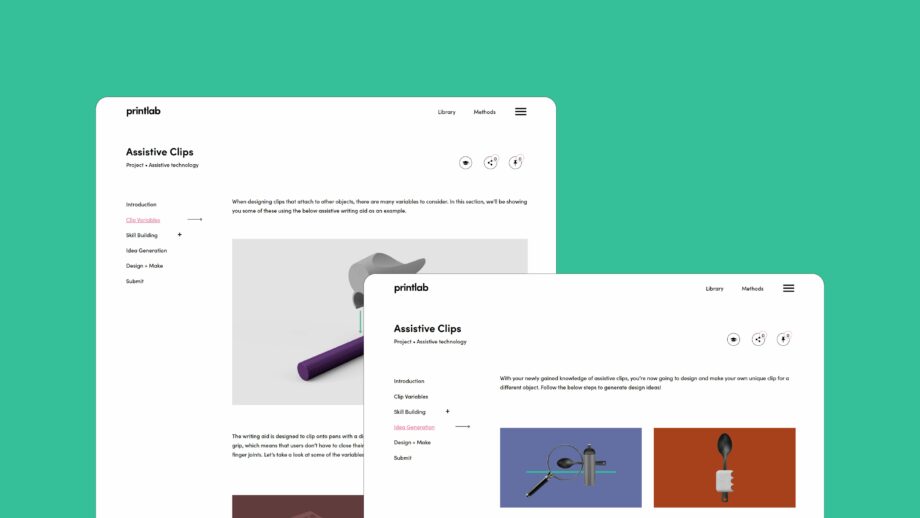 2 website screens showing the learning platform for PrintLab's assistive clips project.