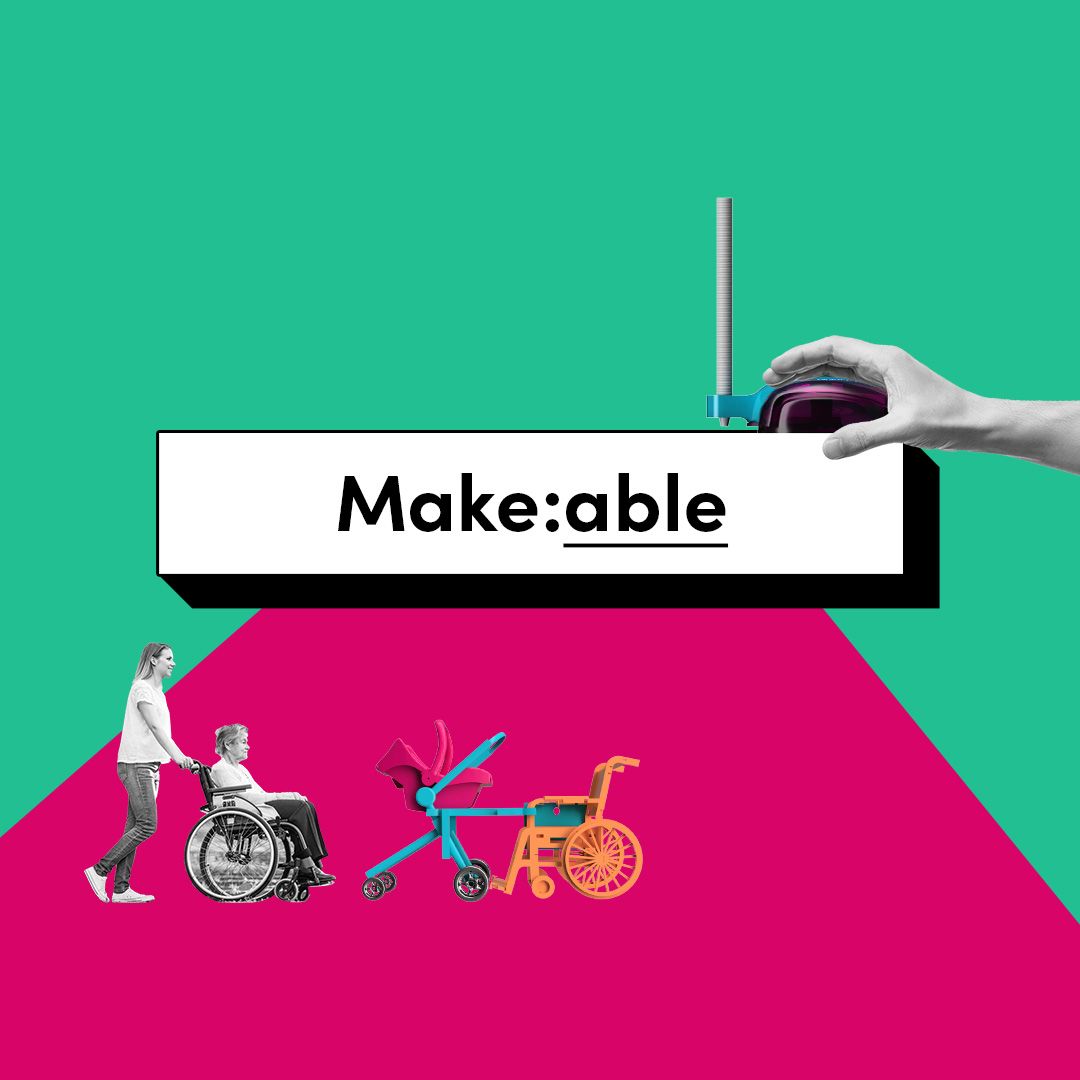 Photomontages of a hand holding an assistive writing device and an assistive stroller adapter.