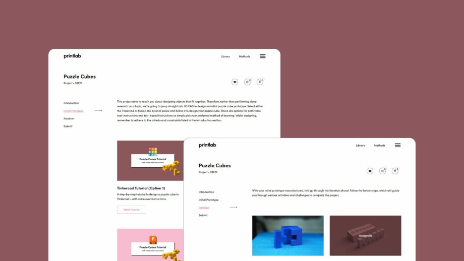 2 website screens showing the learning platform for PrintLab's puzzle cube project.