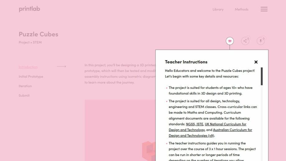 A website screen showing the teacher instructions pop down menu from PrintLab's puzzle cube project.