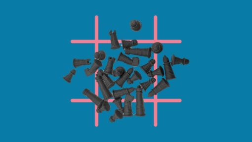 3D printed chess pieces over an abstract grid shape.