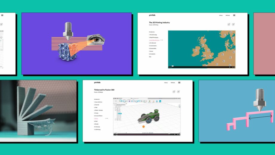 Screenshots of PrintLab's 3D printing learning platform.