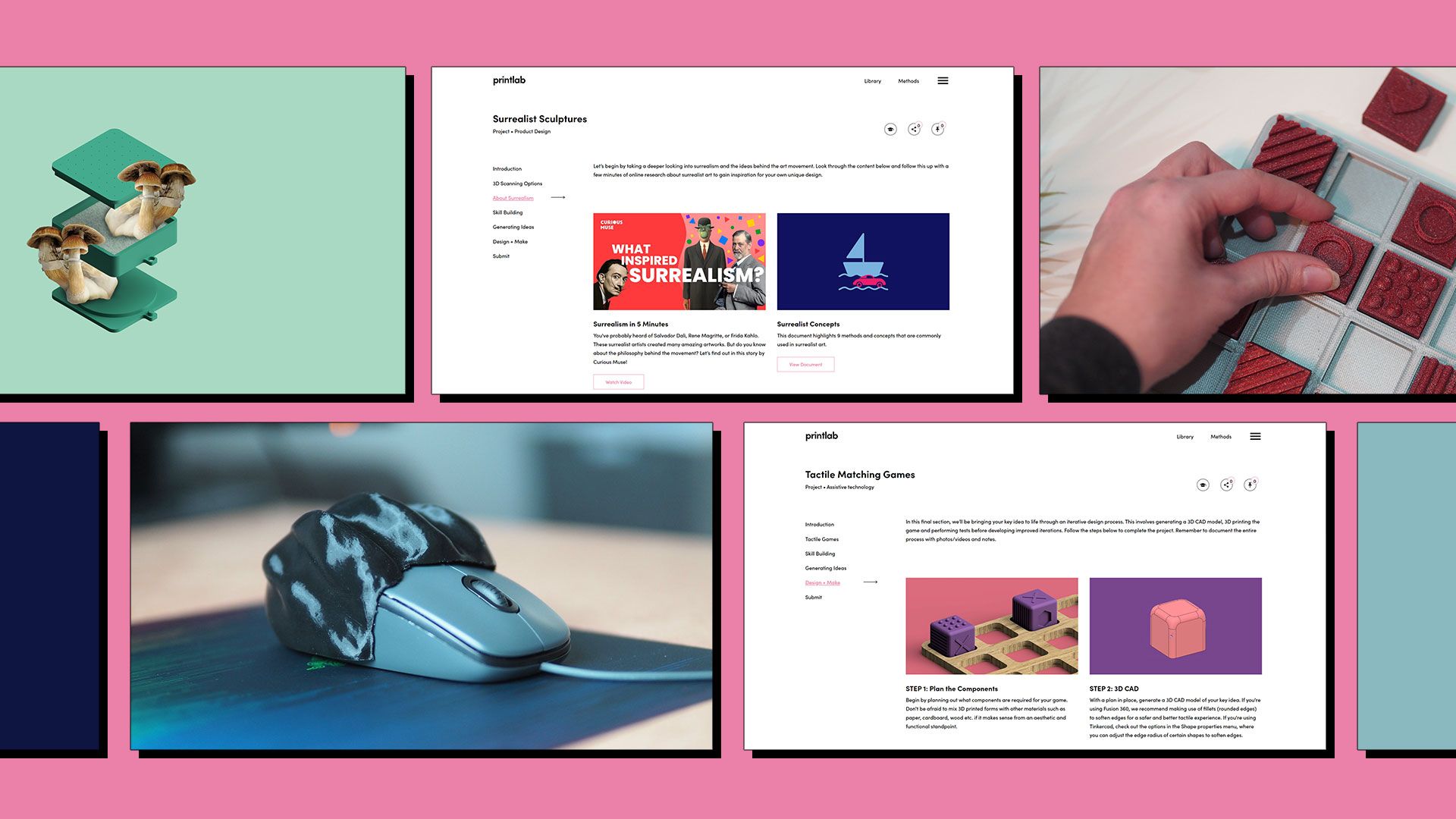 Screenshots of PrintLab's 3D printing learning platform.