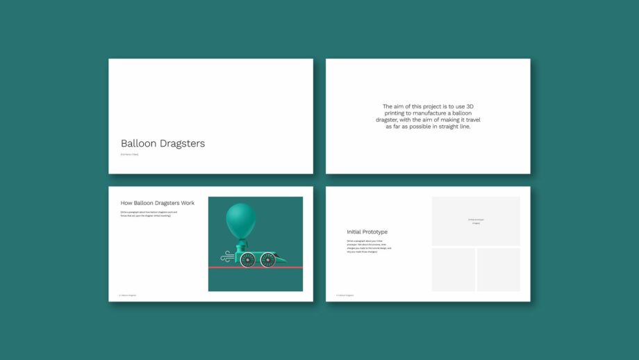 4 example portfolio template slides from PrintLab's balloon dragsters project.