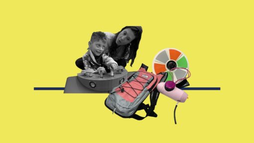 Boy using a disney-themed 3D printed sound toy.