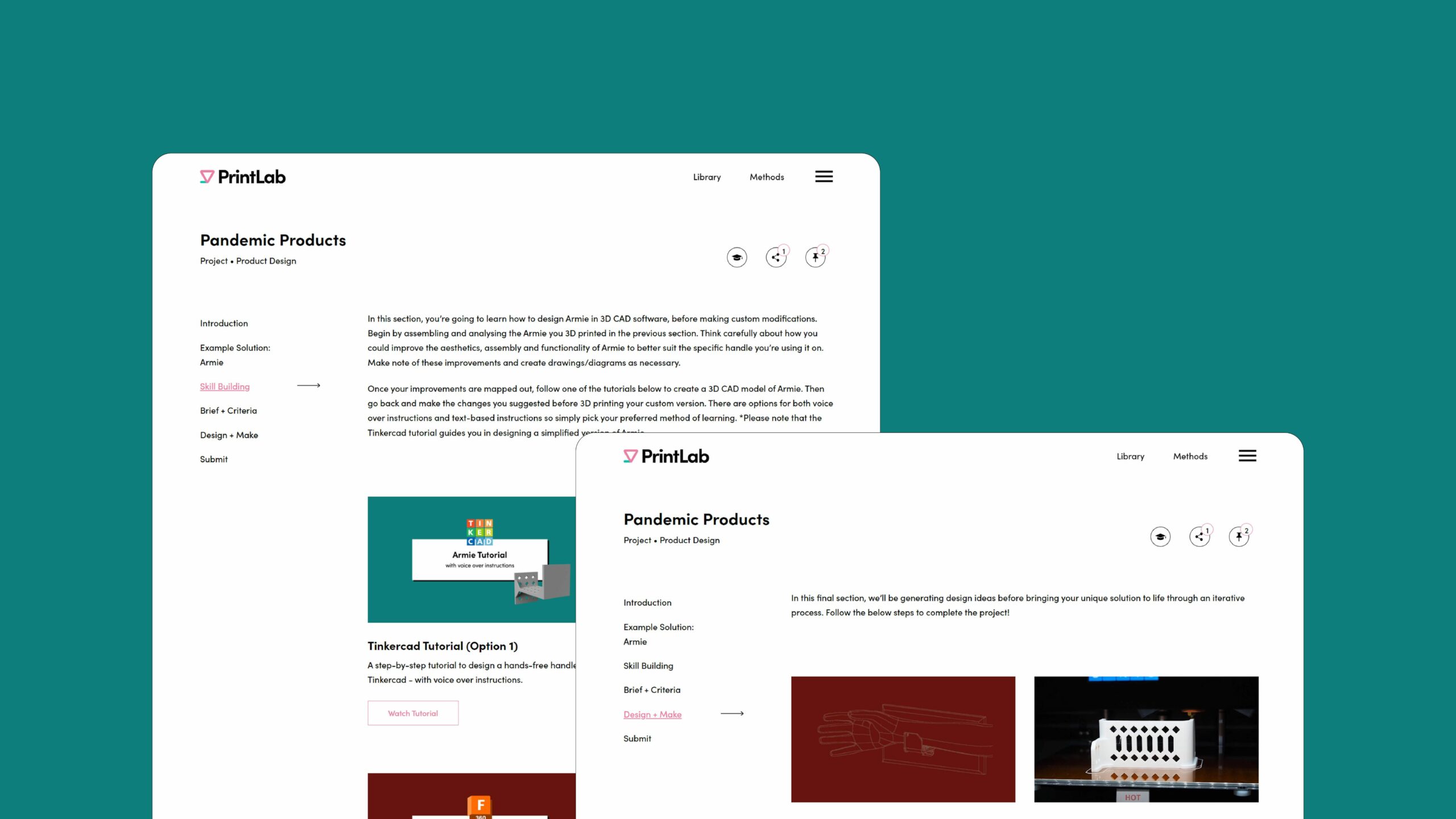 Website screens showing PrintLab's learning platform for the 'Pandemic Products' project.