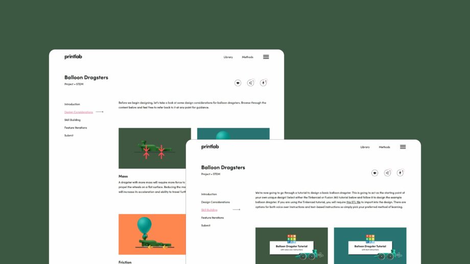 2 website screens showing the learning platform for PrintLab's balloon dragsters project.