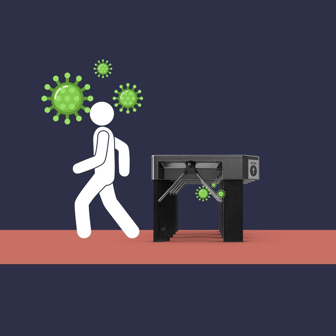 Abstract graphic of a personal walking through a turnstile with Covid-19 icons surrounding them.