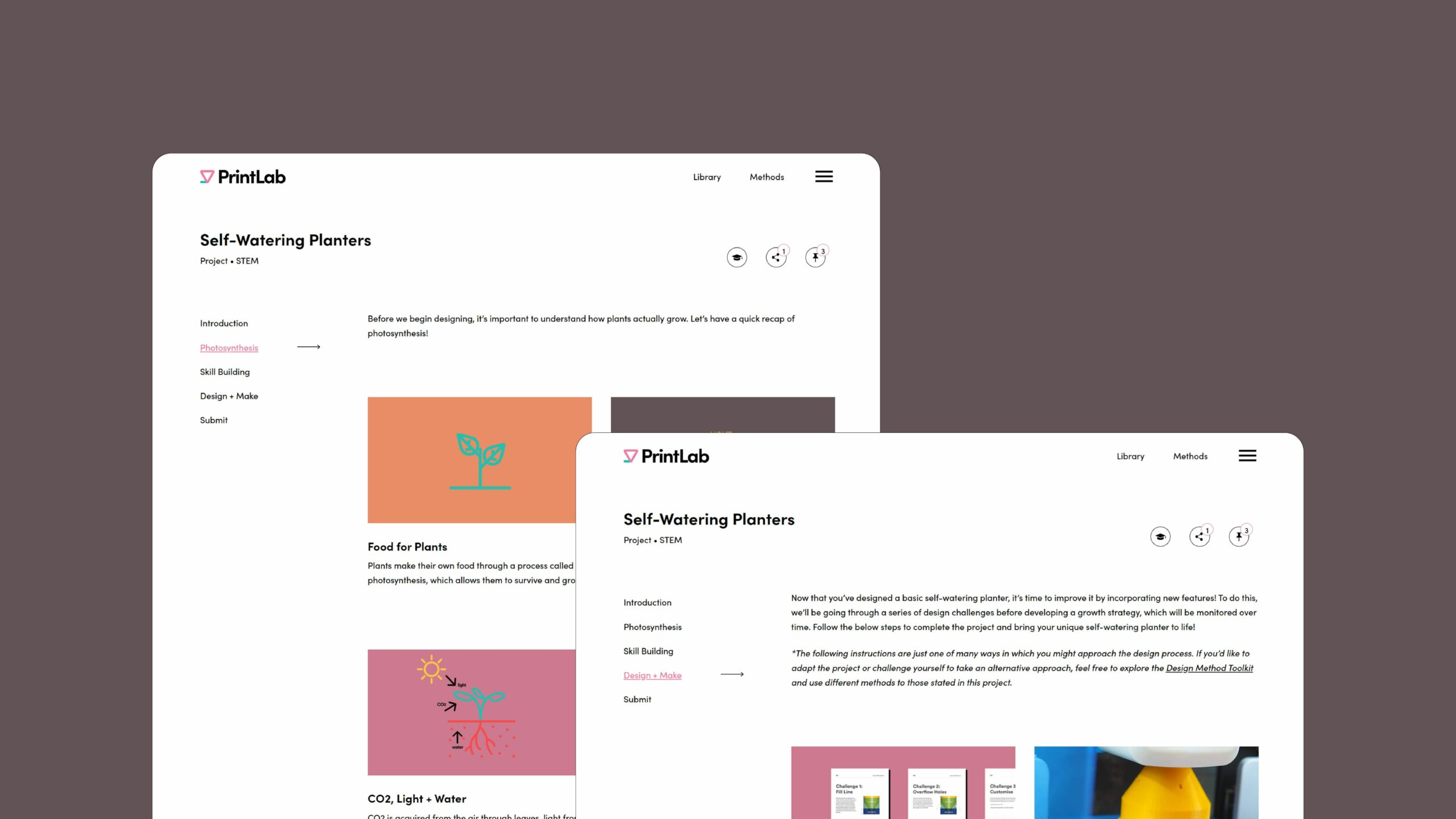 2 website screens showing the learning platform for PrintLab's self-watering planter project.