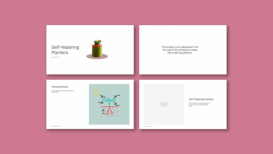 4 example portfolio template slides from PrintLab's self-watering planter project.